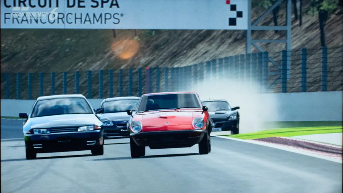 <span class="image-caption">Screen shot of racing at Spa-Francorchamps, from GRAN TURISMO 6 on the PlayStation 3. That's me in the lead in the red 1971 Datsun&nbsp;240ZG!</span>