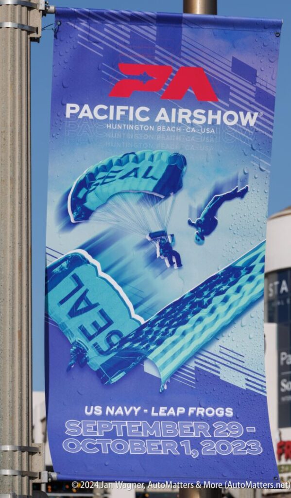 A banner advertising the Pacific Airshow in Huntington Beach, CA, featuring US Navy Leap Frogs parachutists, held from September 29 to October 1, 2023.