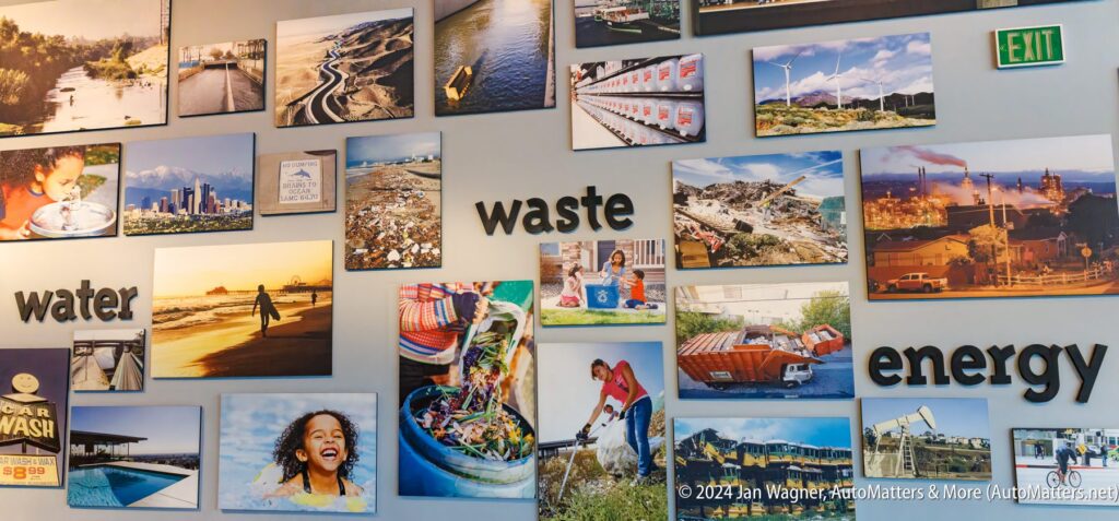 A wall of pictures with words on them that say waste energy.