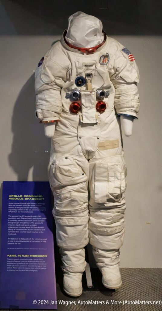 An astronaut's suit is on display in a museum.