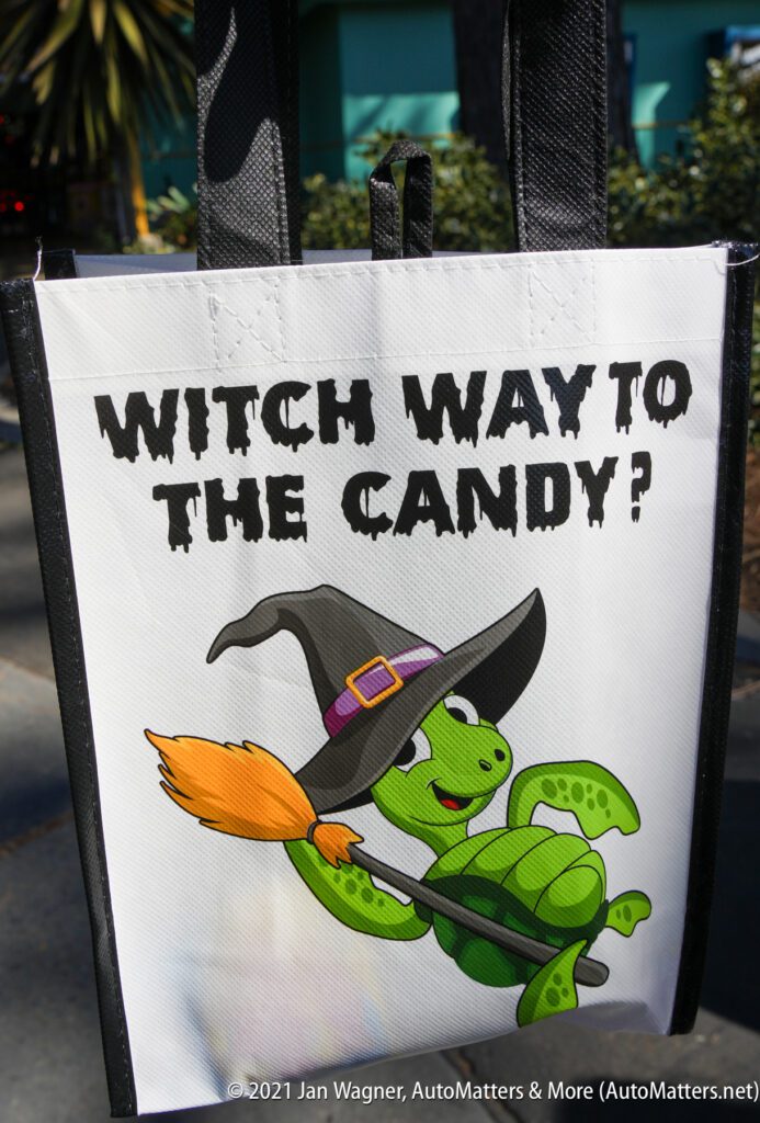 A tote bag with the humorous phrase "witch way to the candy?" featuring an illustration of a turtle dressed as a witch riding a broomstick.