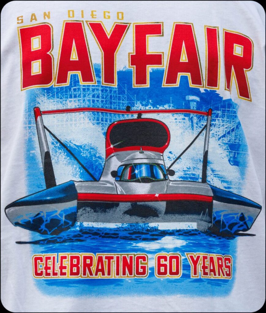A hydroplane boat graphic with "San Diego Bayfair" above and "Celebrating 60 Years" below, printed on a white background.