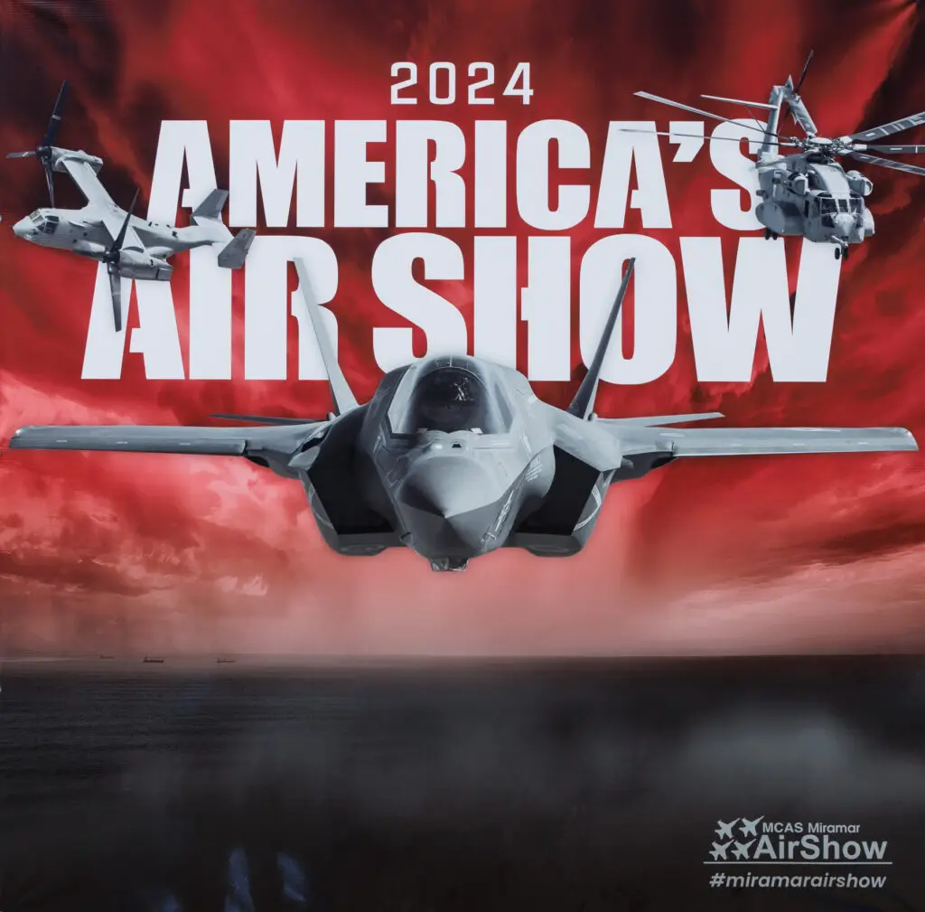 Poster for America's Air Show 2024, featuring a fighter jet and two helicopters against a dramatic red sky, with event details at the bottom.