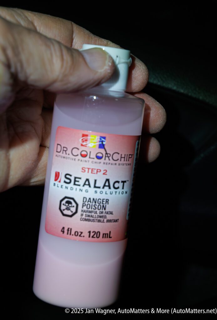 A hand holds a 4 fl oz bottle of Dr. ColorChip SealAct blending solution. The label includes hazard warnings about poison.