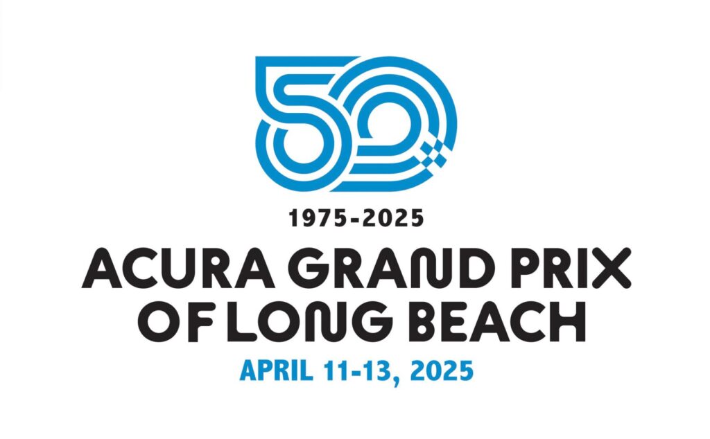 Logo for the 50th Acura Grand Prix of Long Beach, displaying "1975–2025" and event dates "April 11–13, 2025" in black and blue text.