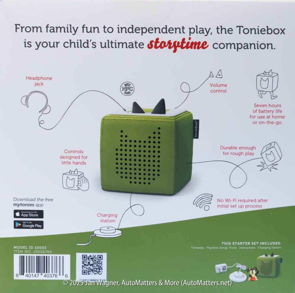 A green Toniebox speaker with labeled features, including headphone jack, volume control, Wi-Fi-free playback, and seven hours of battery life, shown on a white background.
