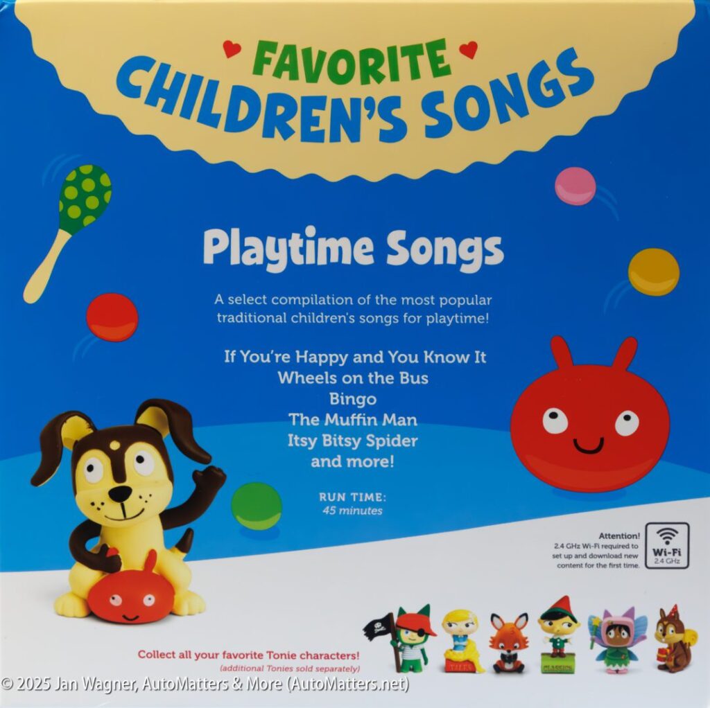 Box cover for "Favorite Children's Songs: Playtime Songs" featuring cartoon animal figures and a list of included songs, with a blue background and product information.