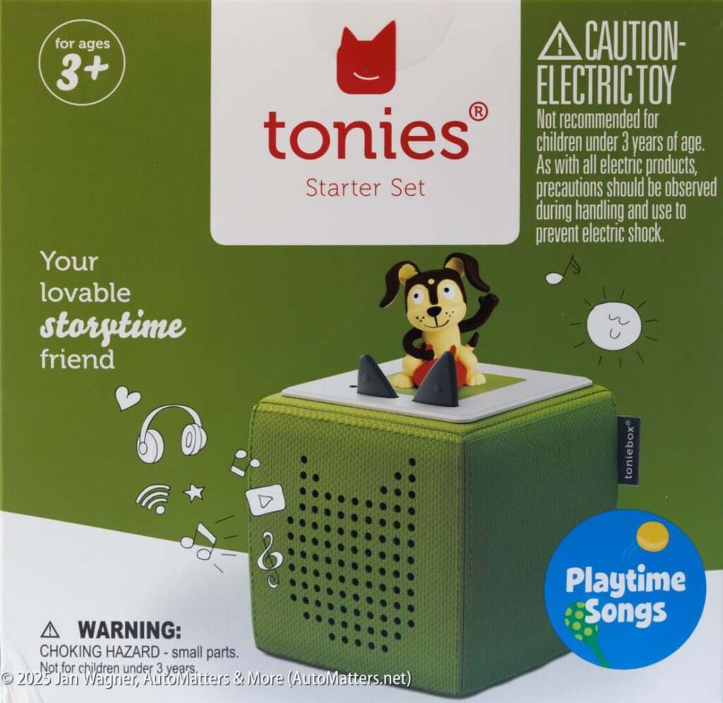 Green Toniebox audio player starter set with dog figurine on top, suitable for ages 3 and up, labeled as "Your lovable storytime friend" and "Playtime Songs.