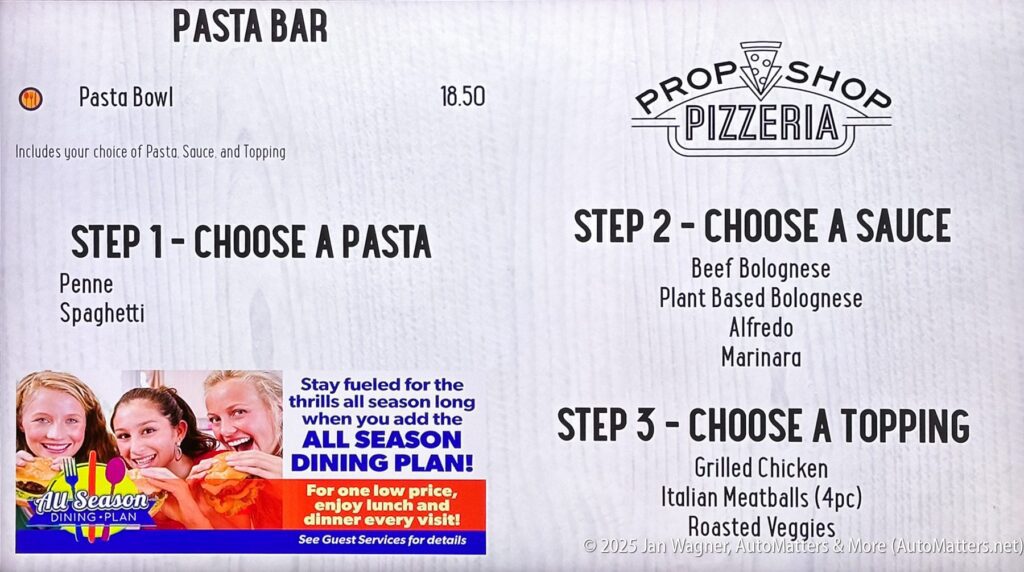 Pasta bar menu with steps: choose pasta (penne or spaghetti), sauce (four options), and topping (three options); price for pasta bowl is $18.50; pizzeria branding shown.