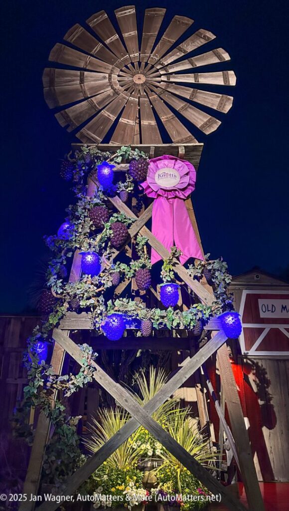 A wooden windmill decorated with purple lights, artificial grapes, greenery, and a pink ribbon, photographed outdoors at night.