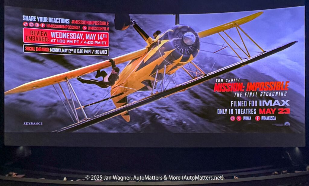 A promotional image for "Mission: Impossible – Dead Reckoning," filmed for IMAX, features a yellow biplane and release info for May 23, plus social media event details.