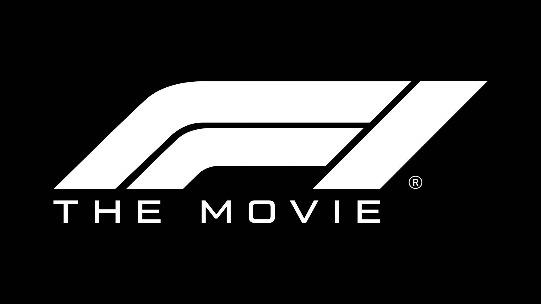 White "F1 THE MOVIE" logo with stylized F1 design on a solid black background.