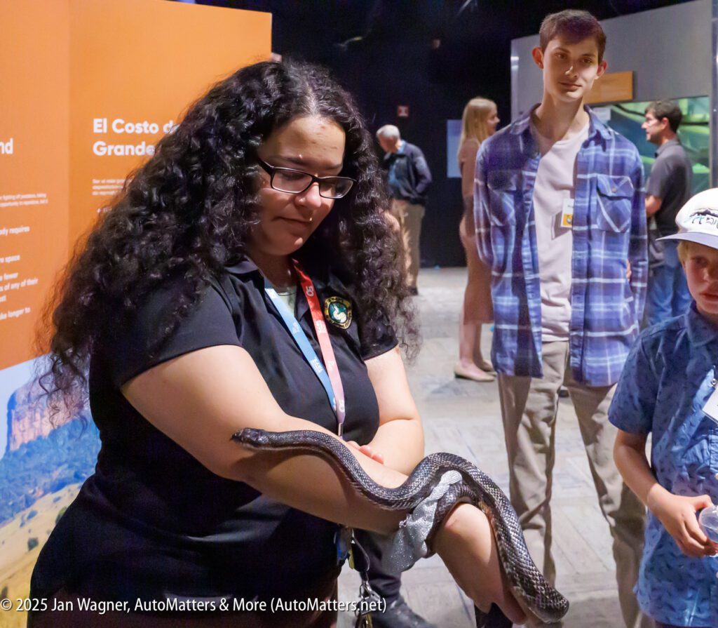A woman holds a snake while a group of people, including two boys, watch her demonstration in an indoor exhibit space.