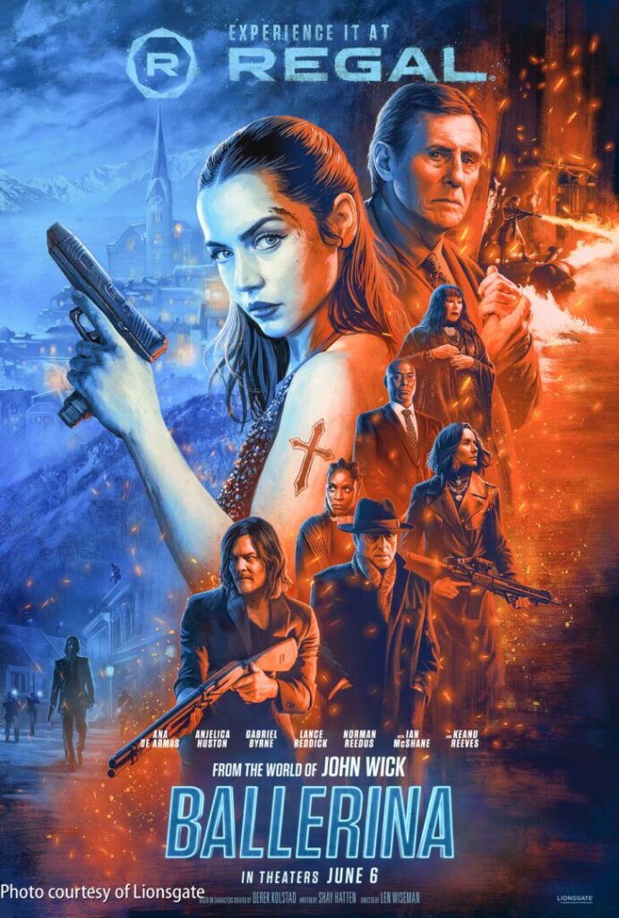 Movie poster for “Ballerina” featuring a woman with a gun in the foreground, surrounded by other characters, set against a dramatic blue and orange cityscape.