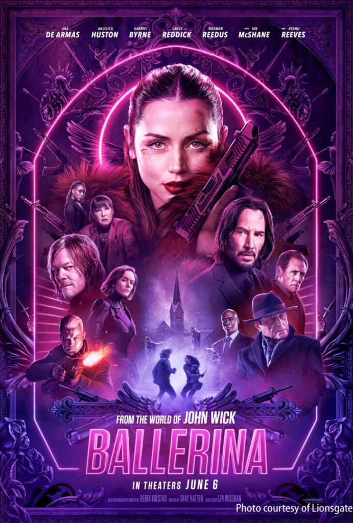 Movie poster for "Ballerina" featuring a central female character surrounded by other characters, neon purple and pink tones, and text indicating a June 6 theatrical release.