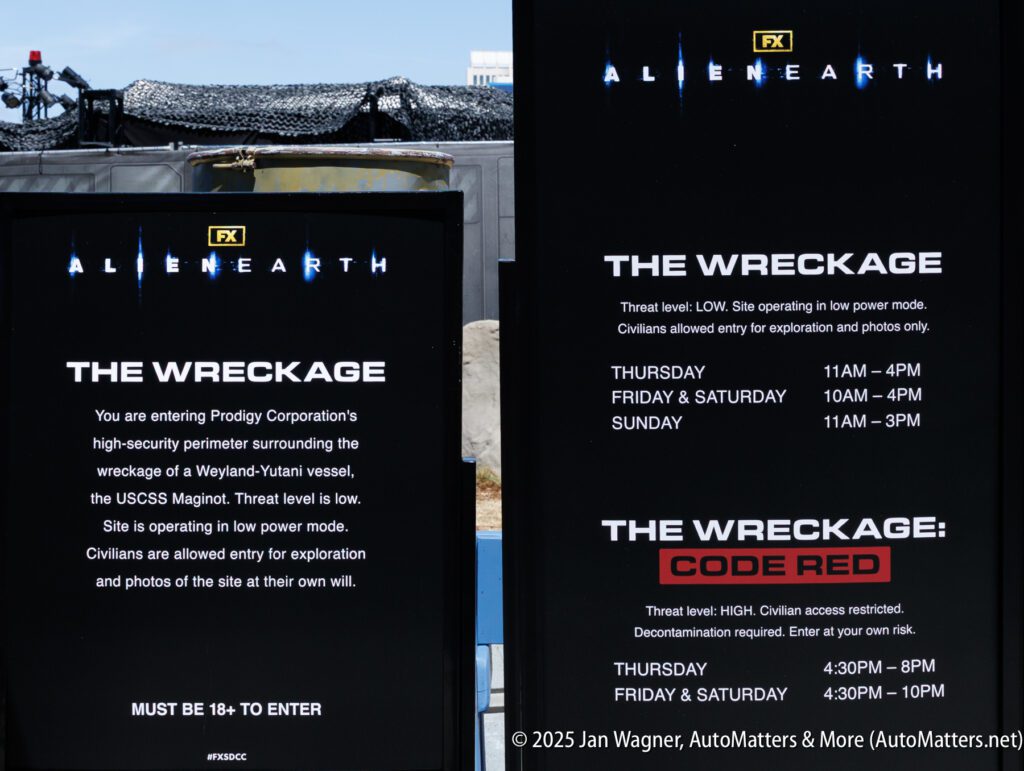 Signage for "Alien: Earth" exhibit displays descriptions and visiting hours for "The Wreckage" in regular and code red modes, with safety notices and age restriction.