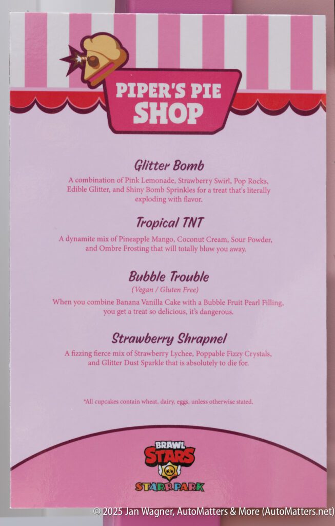 A menu titled "Piper's Pie Shop" lists four pie flavors with colorful descriptions: Glitter Bomb, Tropical TNT, Bubble Trouble (vegan/gluten-free), and Strawberry Shrapnel.