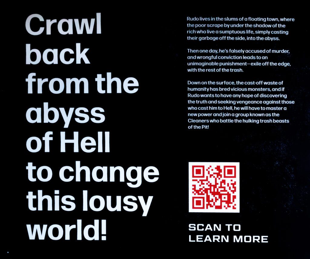 White bold text on a black background reads "Crawl back from the abyss of Hell to change this lousy world!" with a synopsis, a QR code, and "Scan to learn more" below.