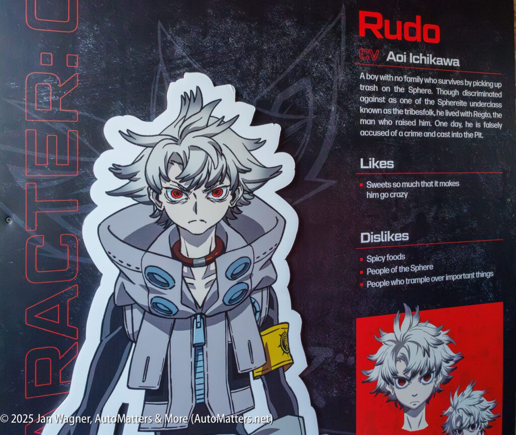 Poster featuring an anime character named Rudo with white spiky hair and red eyes, alongside text describing his background, likes, and dislikes.