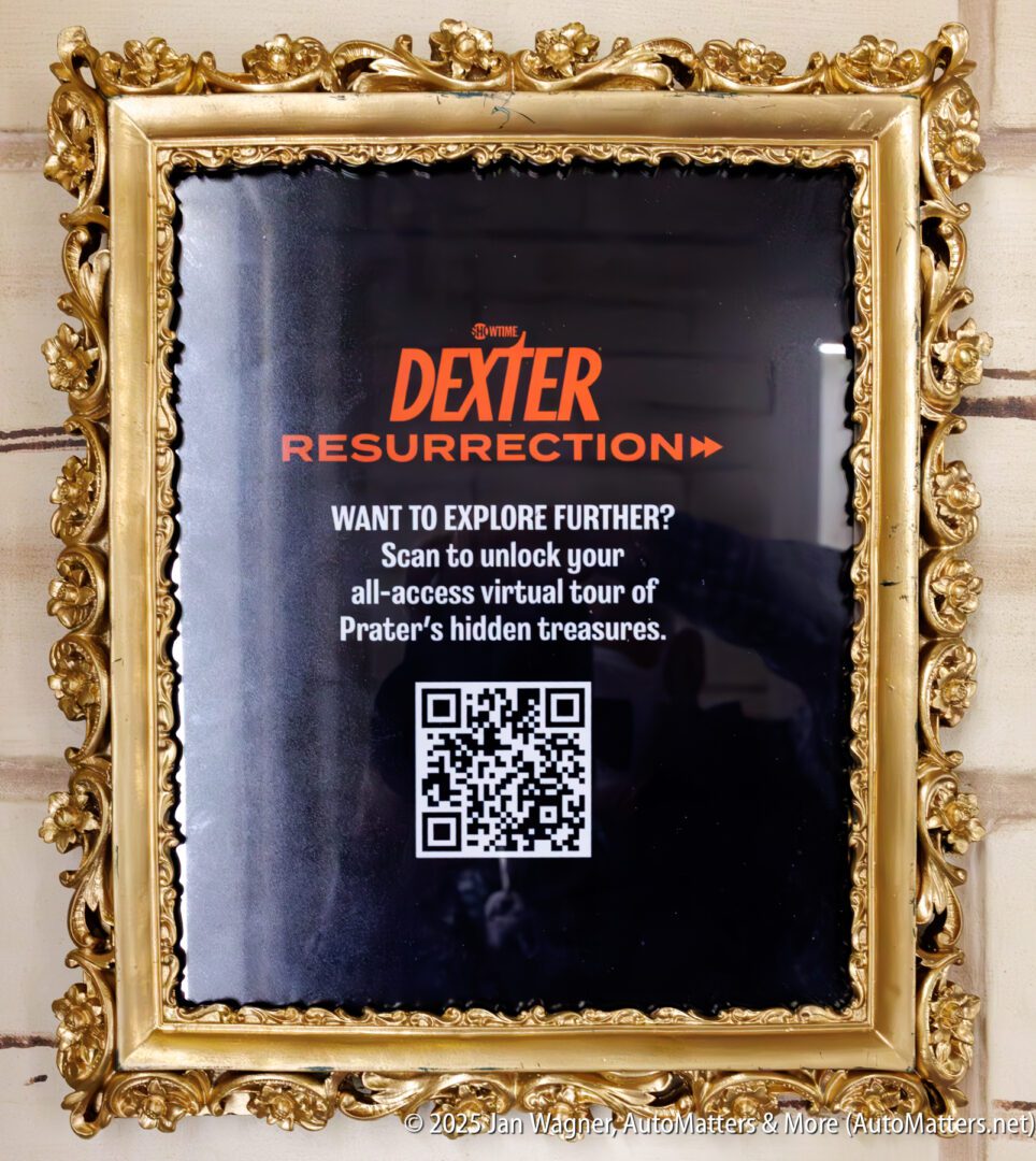 Framed sign for "Dexter Resurrection" with QR code, offering a virtual tour of Prater’s hidden treasures. Text is centered on a black background with gold ornate frame.