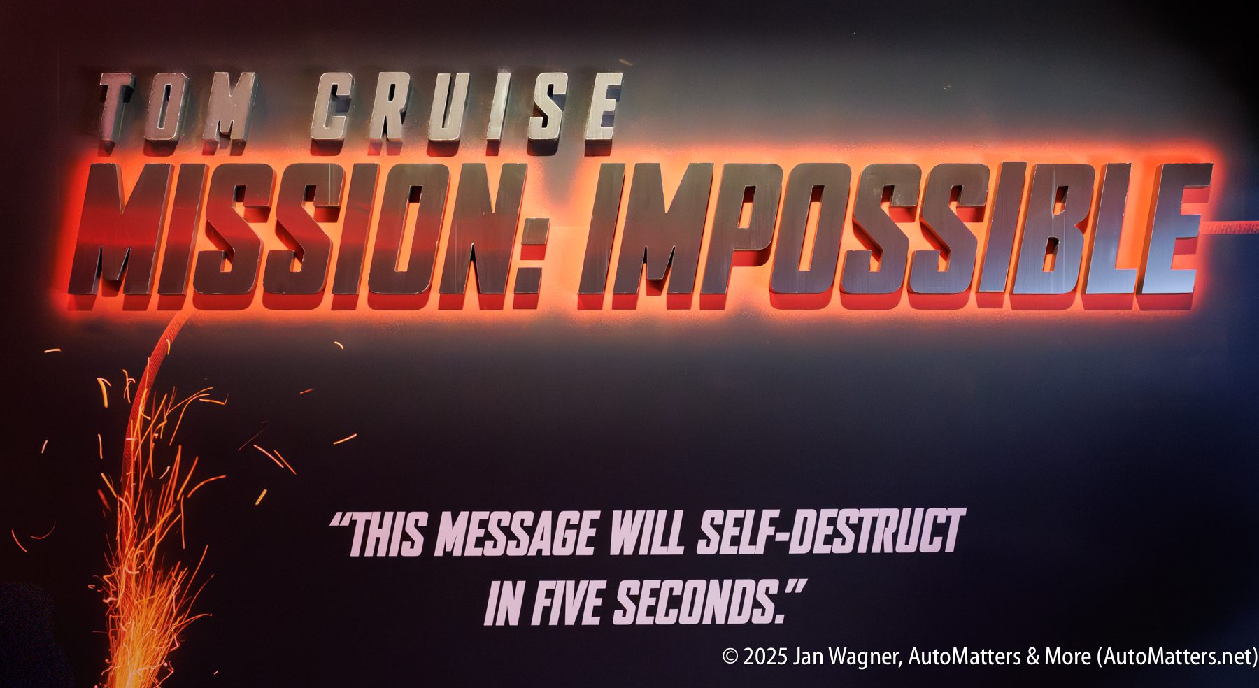 Text reads "TOM CRUISE MISSION: IMPOSSIBLE" above the phrase "This message will self-destruct in five seconds," with sparks and a dark background.
