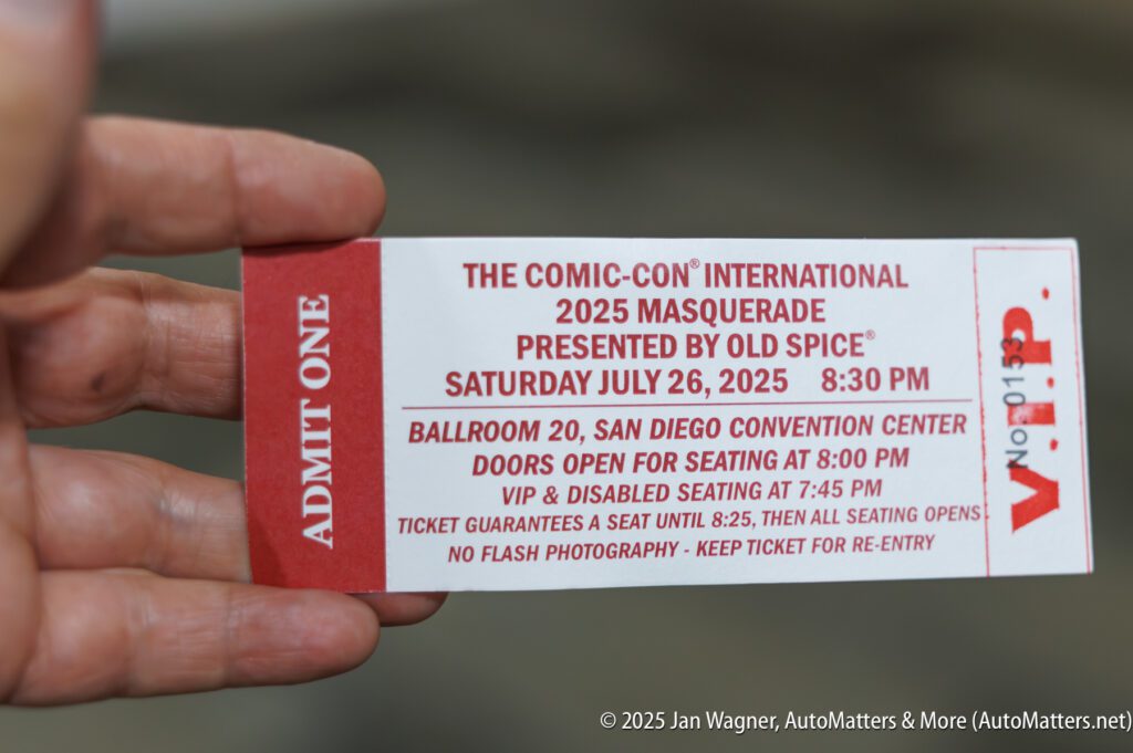 A hand holds a ticket for the 2025 Comic-Con International Masquerade on July 26, 2025, at the San Diego Convention Center.