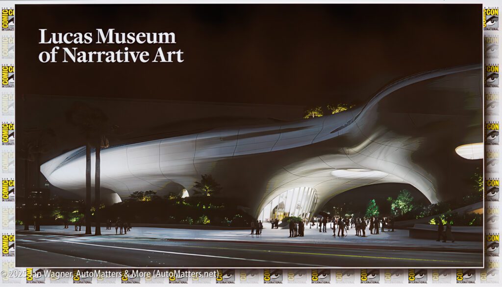 Night view of the Lucas Museum of Narrative Art with illuminated entrance, modern curved architecture, and people walking outside.