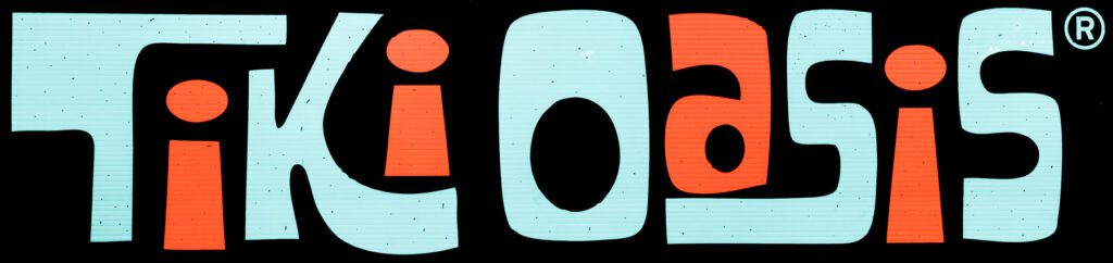 Stylized text logo reading "Tiki Oasis" in light blue and orange letters on a black background.