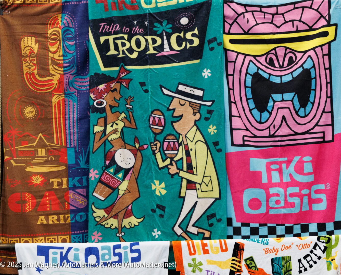 Colorful Tiki-themed banners with retro-style illustrations, including a couple dancing, a tiki mask, and the words "Tiki Oasis" and "Trip to the Tropics.