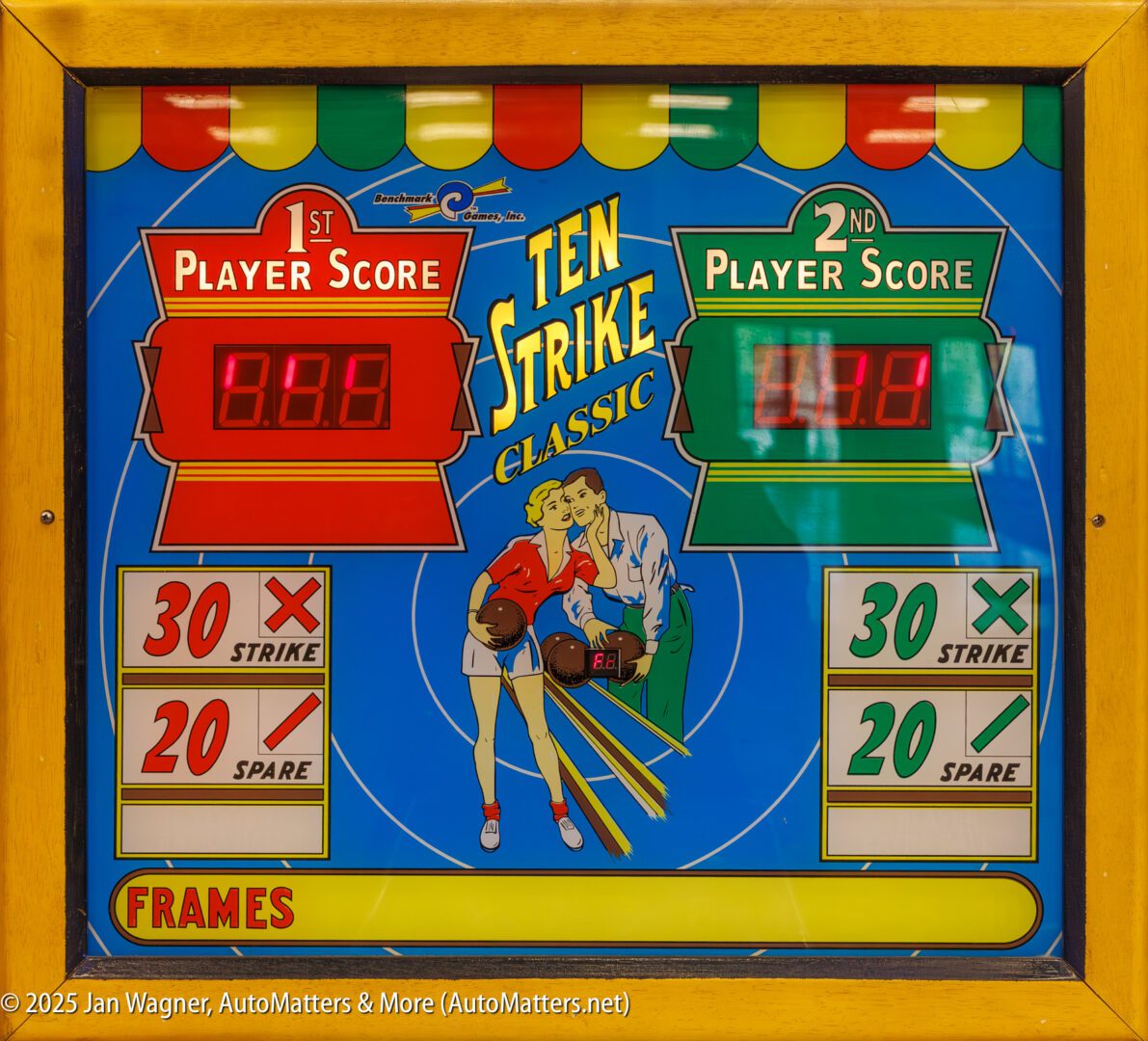 Scoreboard display for "Ten Strike Classic" bowling game, showing red and green player score sections, bowling graphics, and score values for strikes and spares.