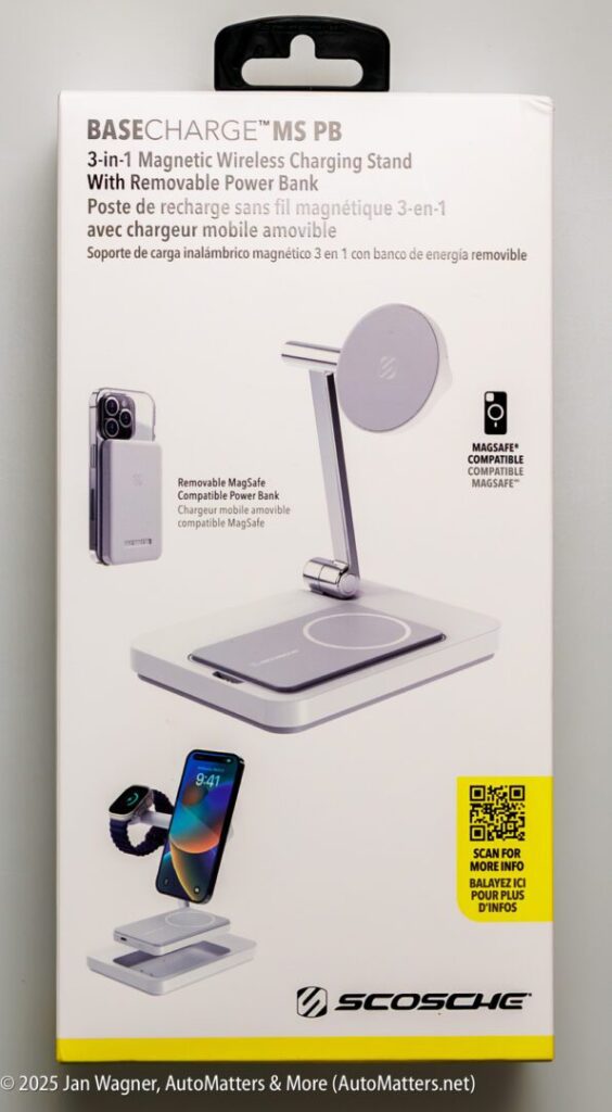 Front of a Scosche BaseCharge MS PB box showing a 3-in-1 magnetic wireless charging stand with removable power bank, compatible with MagSafe and Apple Watch.