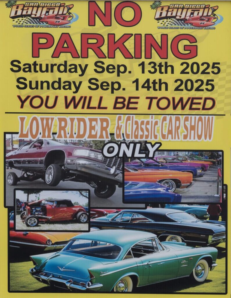 Yellow sign announcing "No Parking" on September 13-14, 2025, due to a Low Rider & Classic Car Show with images of various classic and lowrider cars.