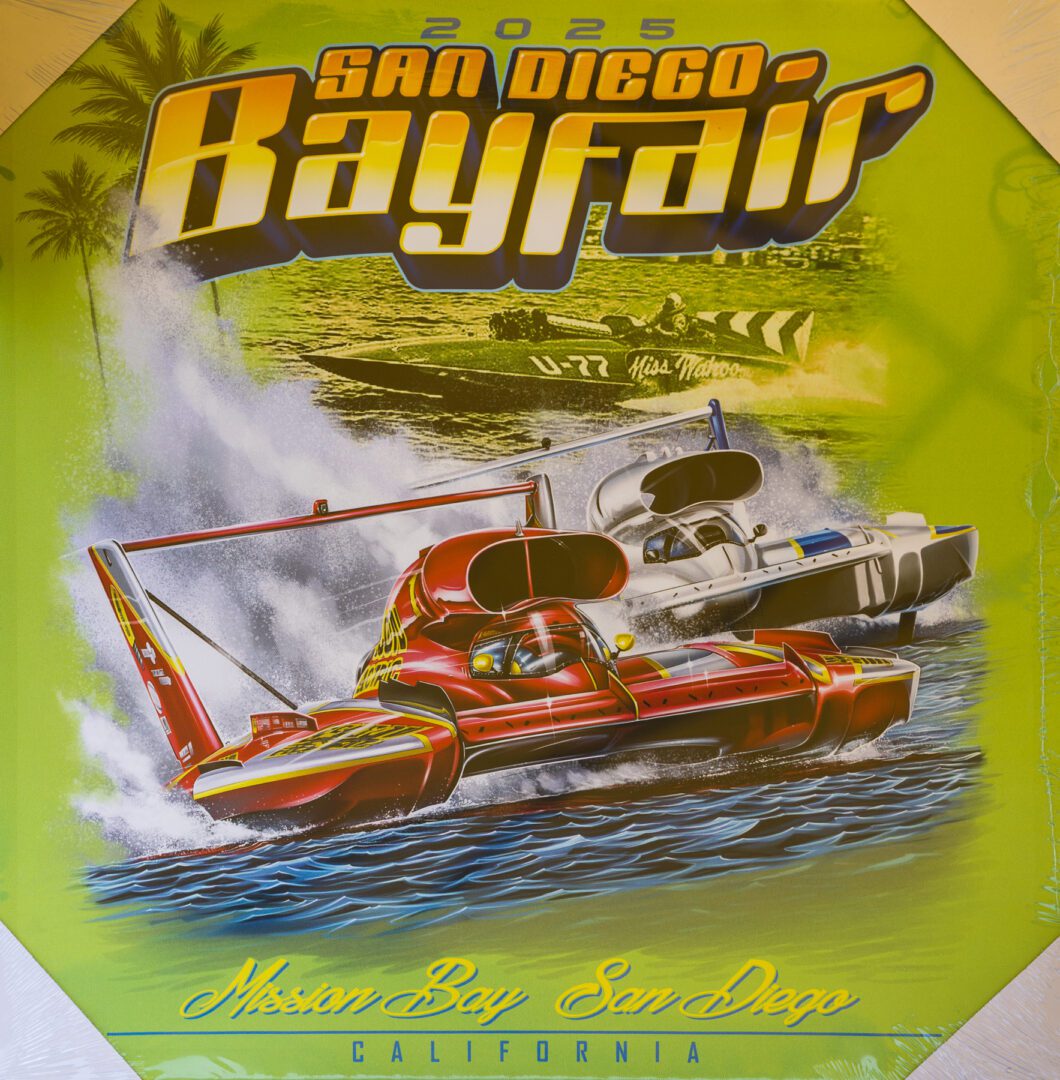 Poster for the 2025 San Diego Bayfair, featuring two hydroplane boats racing on water, with Mission Bay, San Diego, California written at the bottom.
