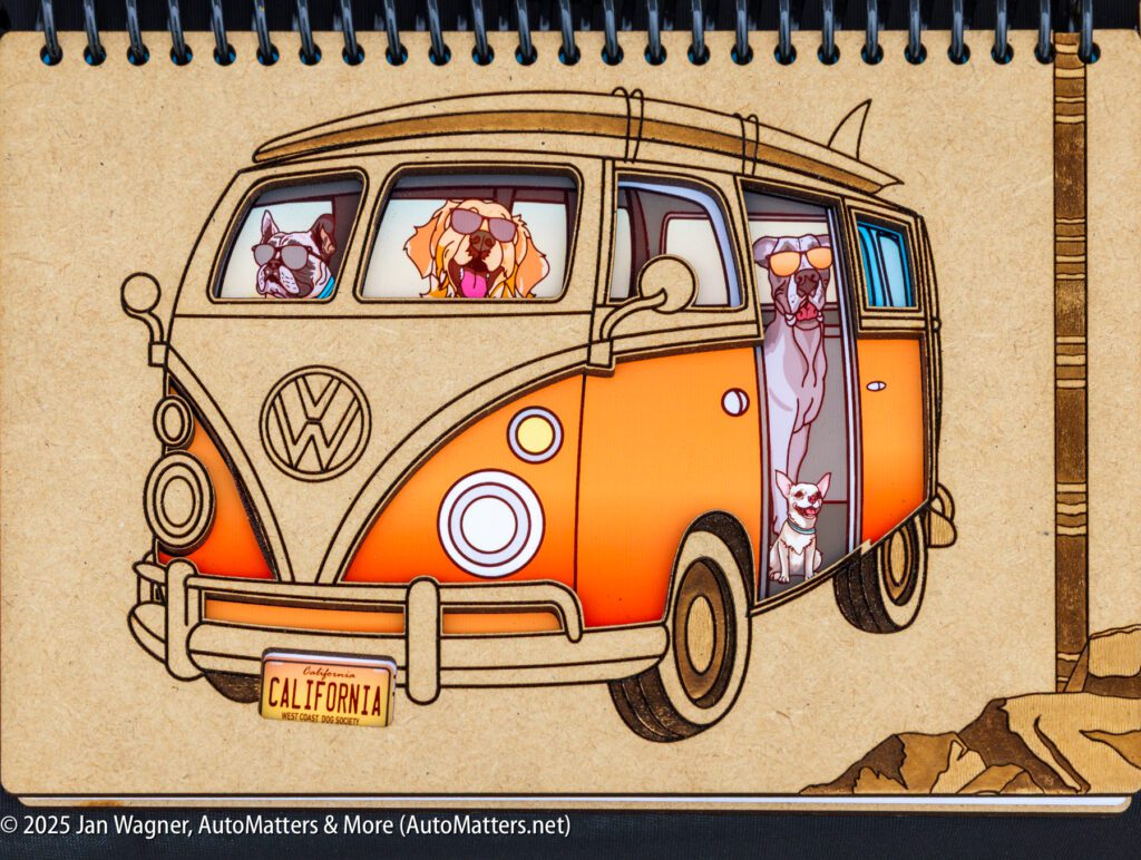 Illustration of five dogs riding in an orange Volkswagen van with a California license plate, driving past a utility pole and rocks.