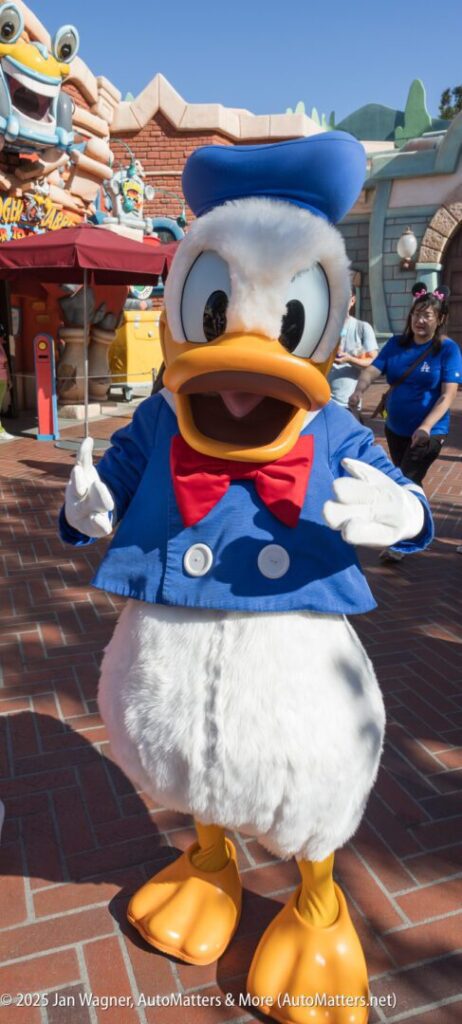 A person in a Donald Duck costume poses outdoors at a theme park, with buildings and other visitors visible in the background.