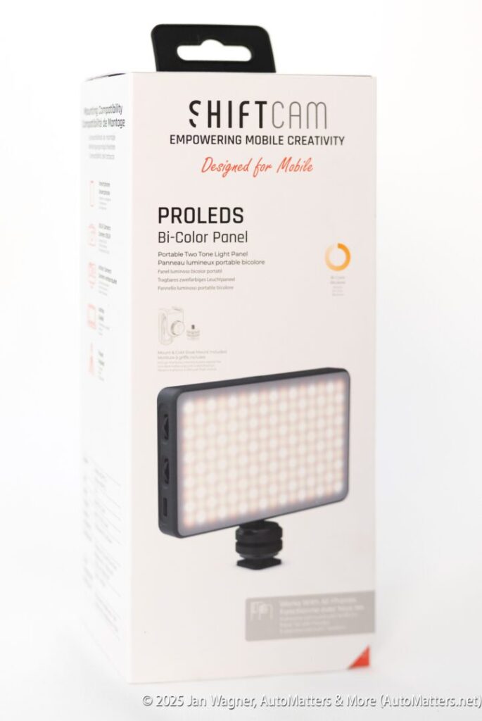 ShiftCam ProLEDs Bi-Color Panel product packaging showing a portable LED light panel for mobile creativity.