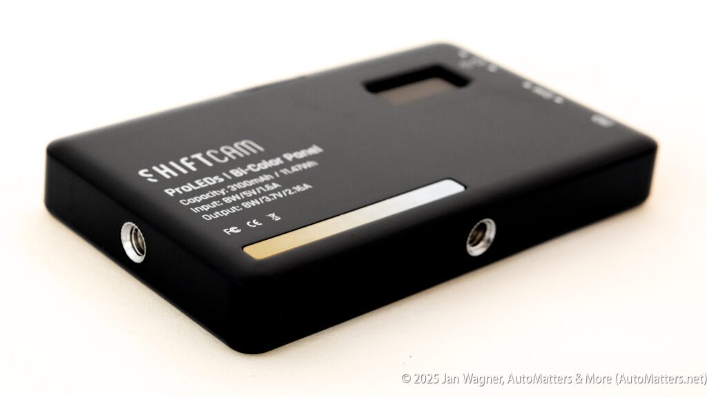 A black ShiftCam ProLED Bi-Color Panel light with technical specifications printed on its surface, shown on a white background.