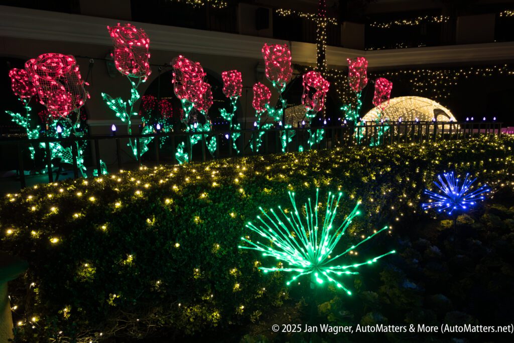 Large red rose-shaped lights and green starburst lights illuminate a nighttime garden display, with a glowing dome structure visible in the background.