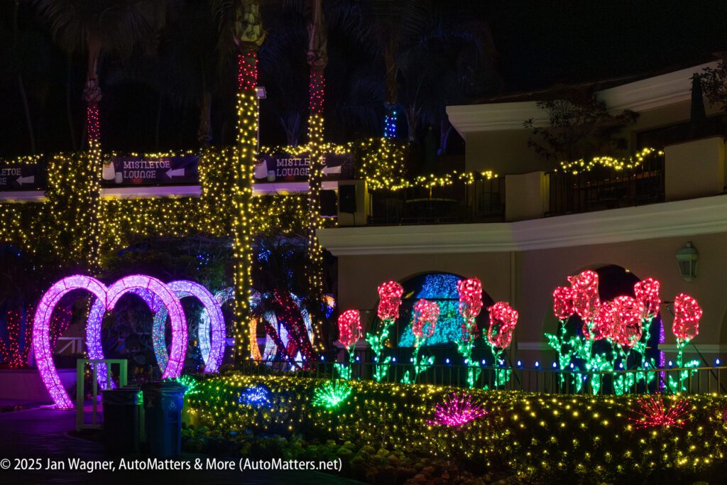 A building and garden area decorated with colorful holiday lights, including illuminated arches and flower-shaped light sculptures at night.