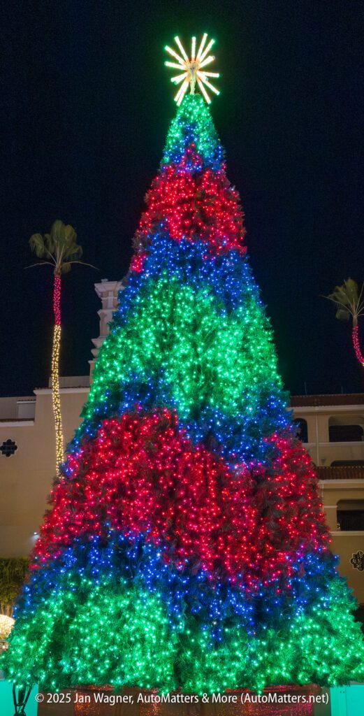 A large Christmas tree decorated with glowing red, green, and blue lights stands outdoors at night, topped with a bright star.