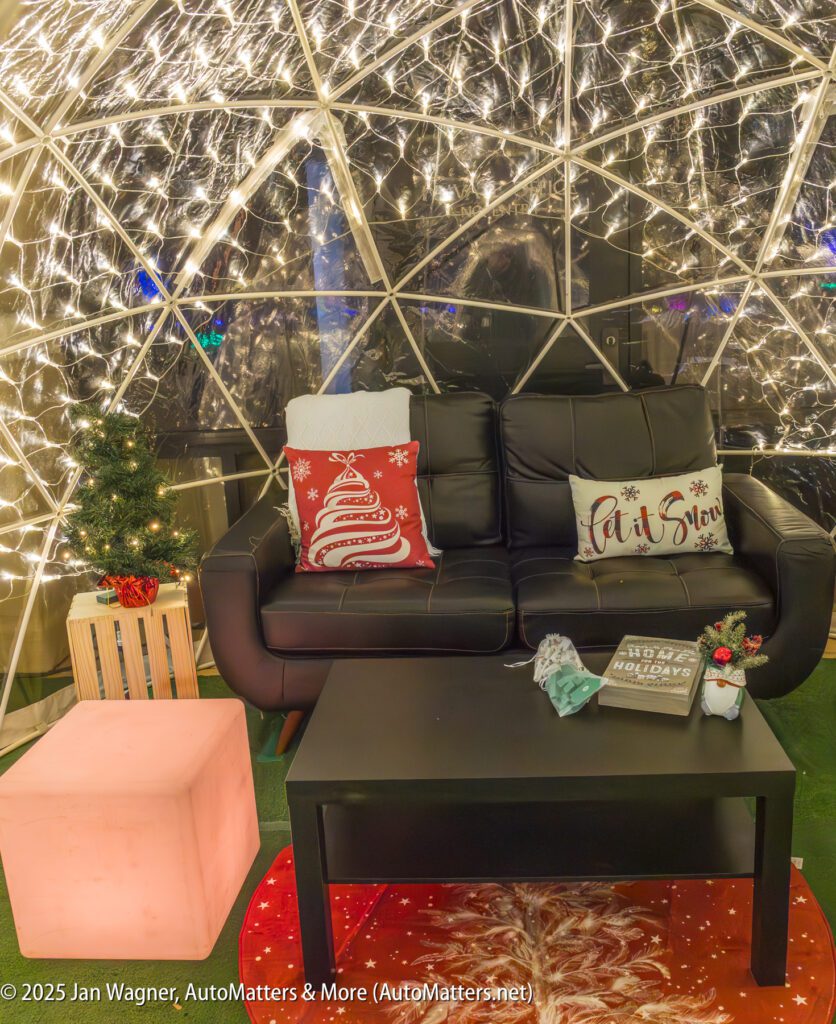 A black leather loveseat with holiday-themed pillows sits on a red rug under string lights inside a clear dome, with a small decorated tree and coffee table in front.