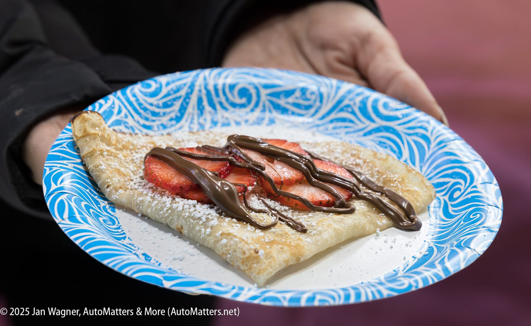 A hand holds a blue-and-white paper plate with a folded crepe topped with sliced strawberries, chocolate drizzle, and powdered sugar.