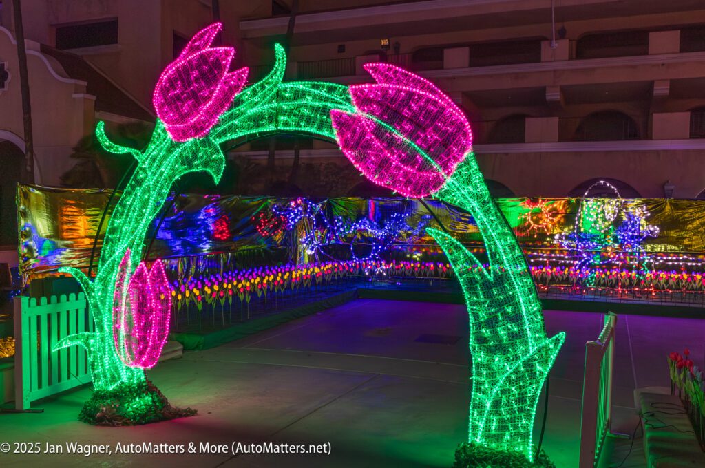 A large archway shaped like tulips is illuminated with green and pink lights, surrounded by other colorful light displays at night.