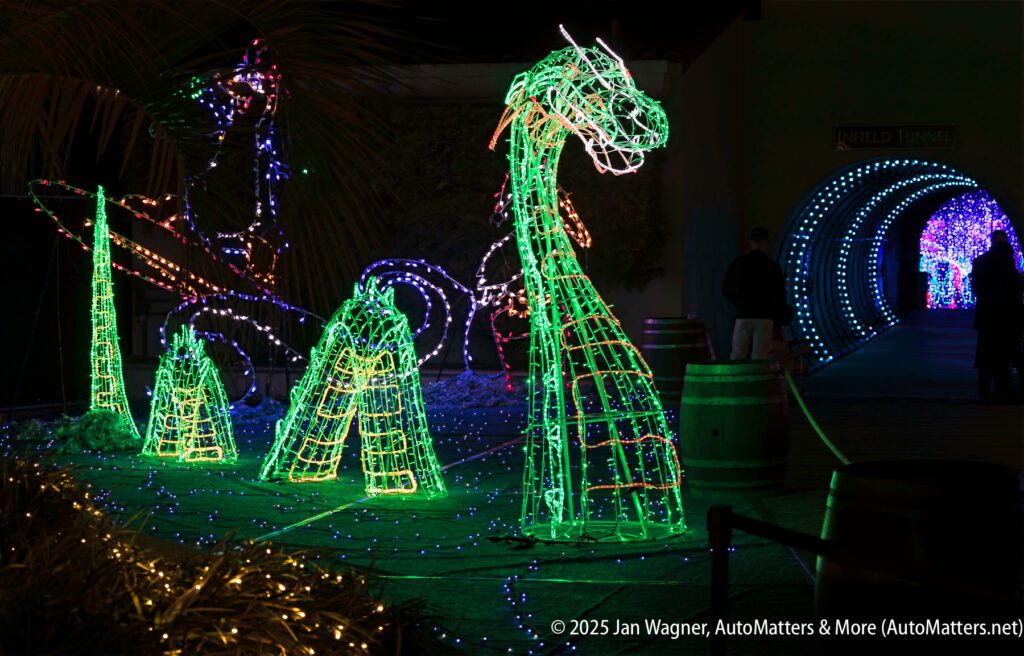 A large sea serpent made of green and blue holiday lights is displayed next to a tunnel decorated with blue lights at night.