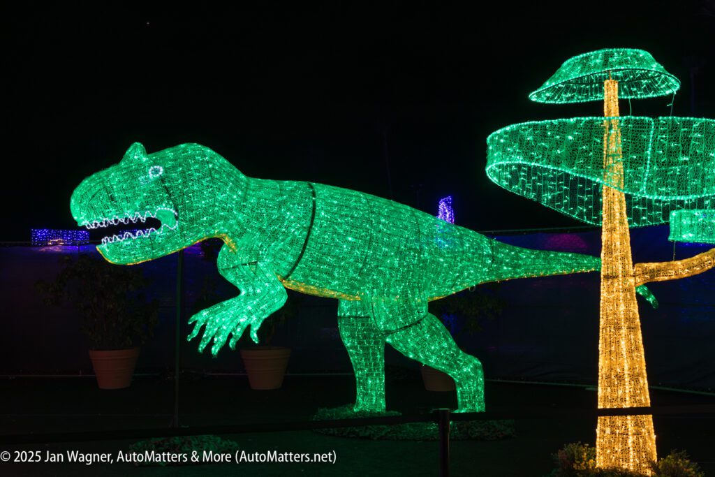 A large green T-rex and a tree are created from illuminated lights on display at night.