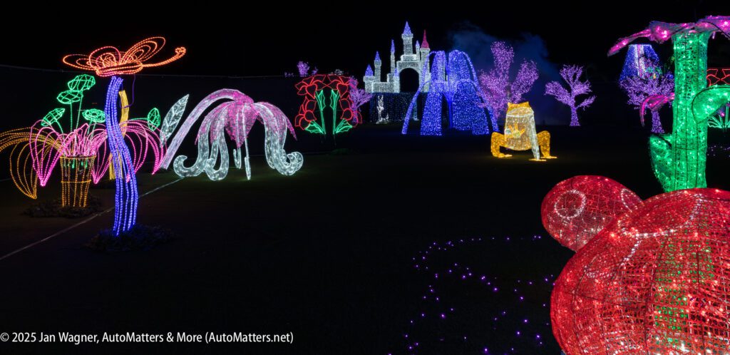 Colorful illuminated sculptures resembling flowers, plants, an animal, and a castle are displayed outdoors at night.