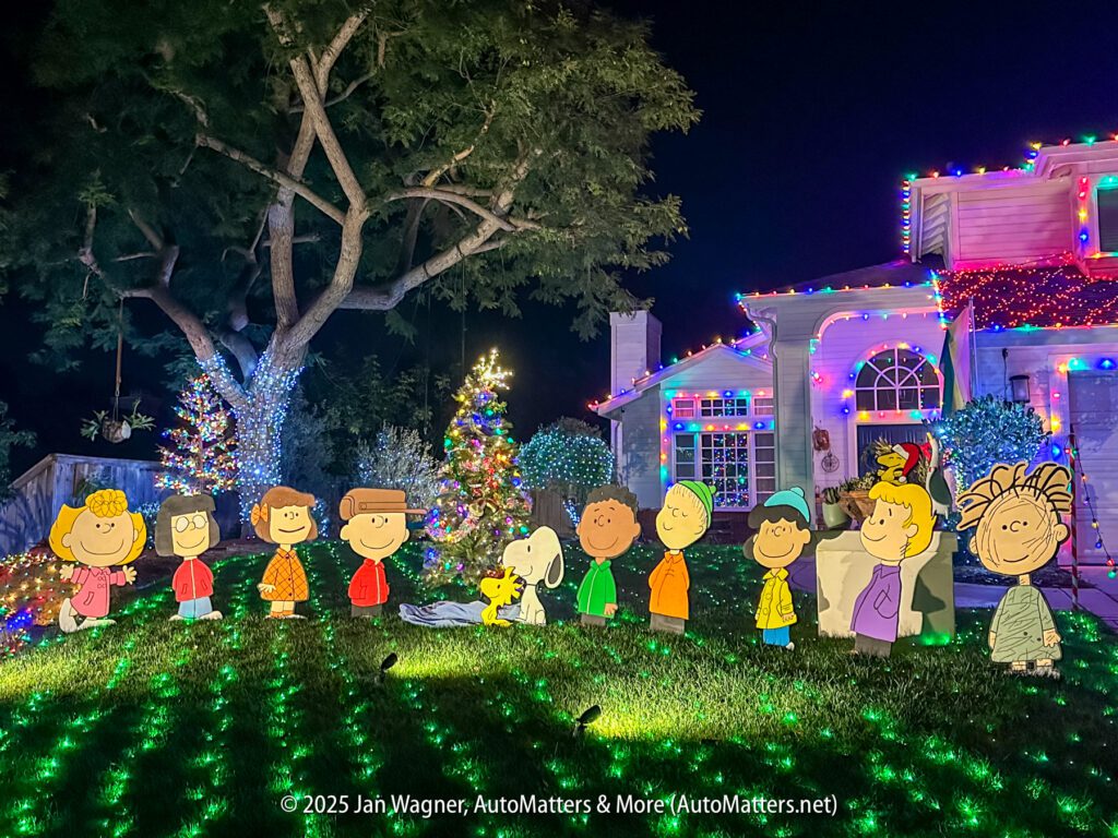 A front yard decorated with Peanuts character cutouts, Christmas lights on trees and house, and a lit Christmas tree at night.