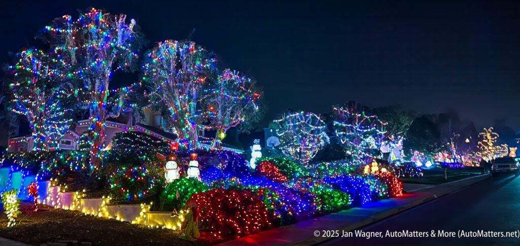 A residential street at night with houses, trees, and bushes covered in colorful holiday lights and decorations.