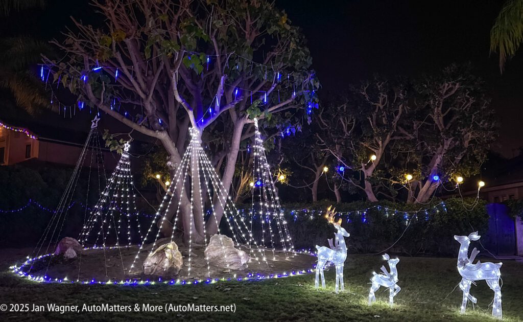 A backyard decorated with illuminated deer figures, string lights shaped like trees, and blue lights hanging from large tree branches at night.