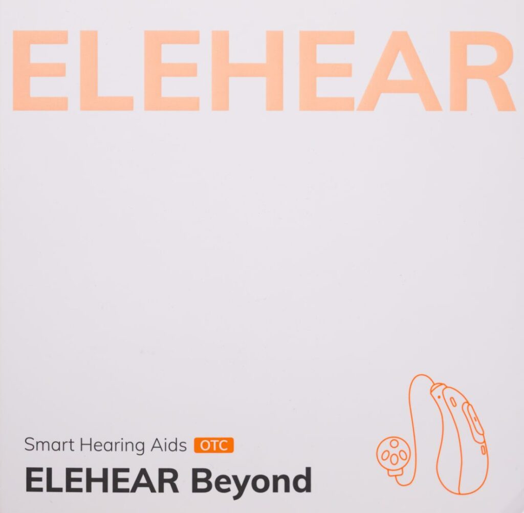 Product packaging displaying the brand "ELEHEAR," the text "Smart Hearing Aids OTC," and an outline illustration of a hearing aid device.